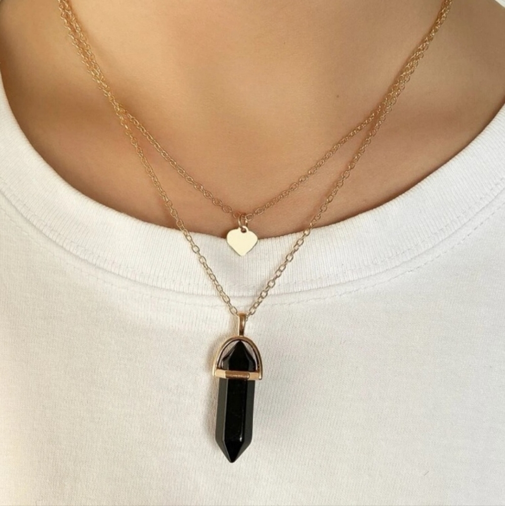 2 for $18❤️‍🔥 Layered Gold Necklace Heart Black Crystal Stone Pendant